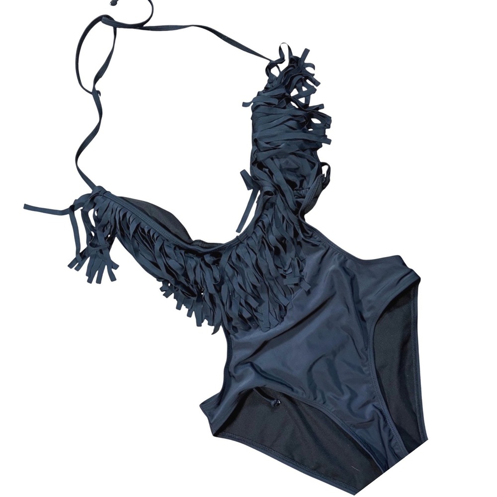 Y2K Subversive Goth Fringe One Piece Swimsuit Halter Monokini
